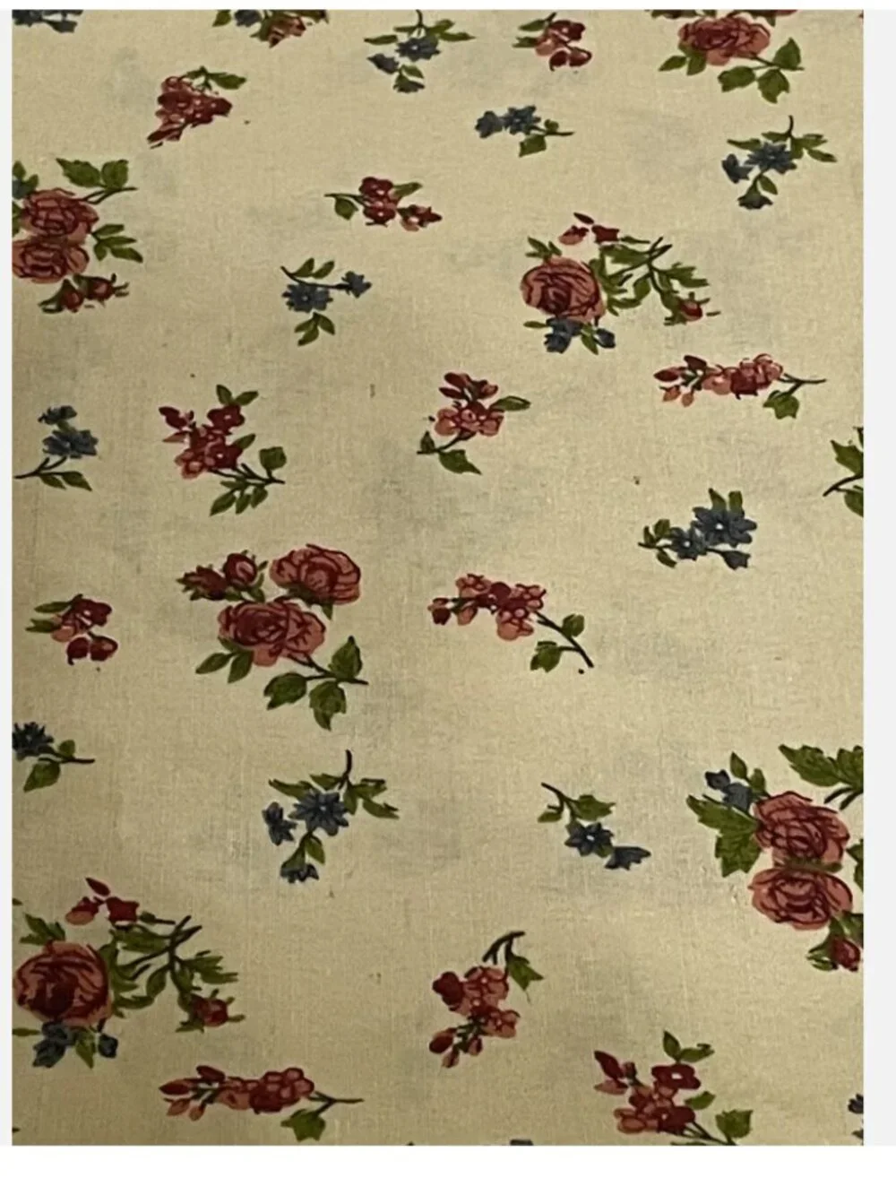 Vintage Pink Roses and Blue Flowers on Beige  Cotton Fabric by the HALF YARD